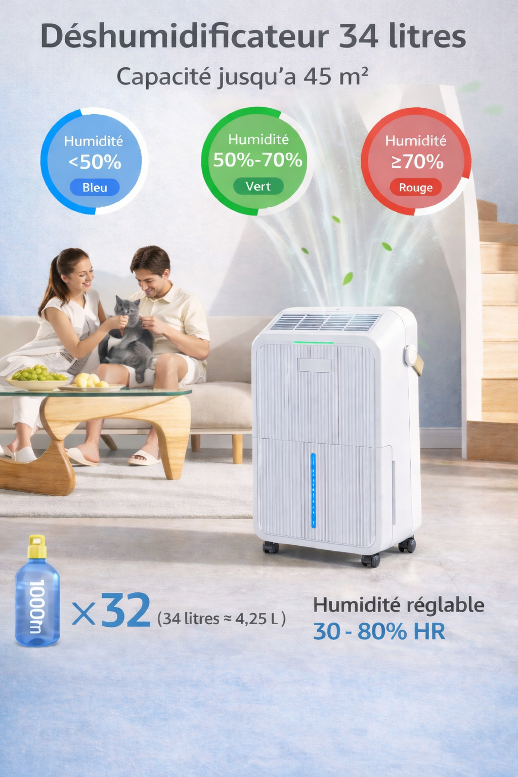 Déshumidificateur électrique 16 L / jour jusqu’à 45 m² avec affichage LED et vidange continue – Kalyma KL-16L-LED