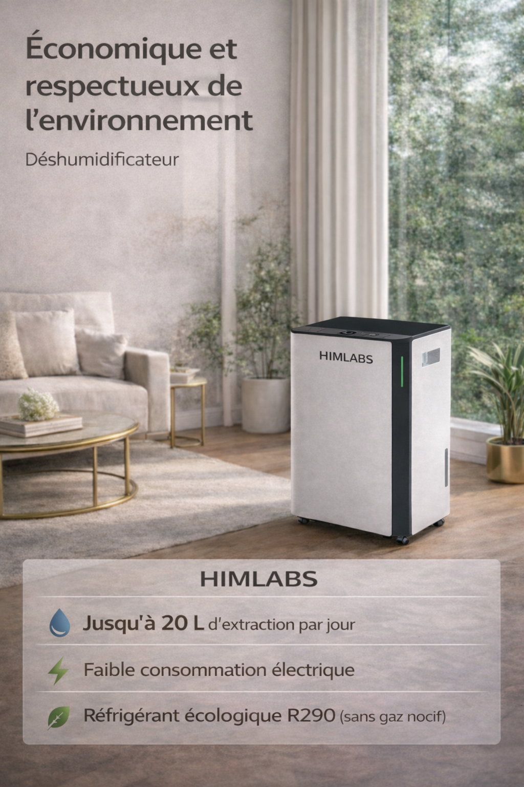 Déshumidificateur d’air HIMLABS 20 L/jour jusqu’à 60 m² Wi-Fi vidange continue – OL20-BD068CF