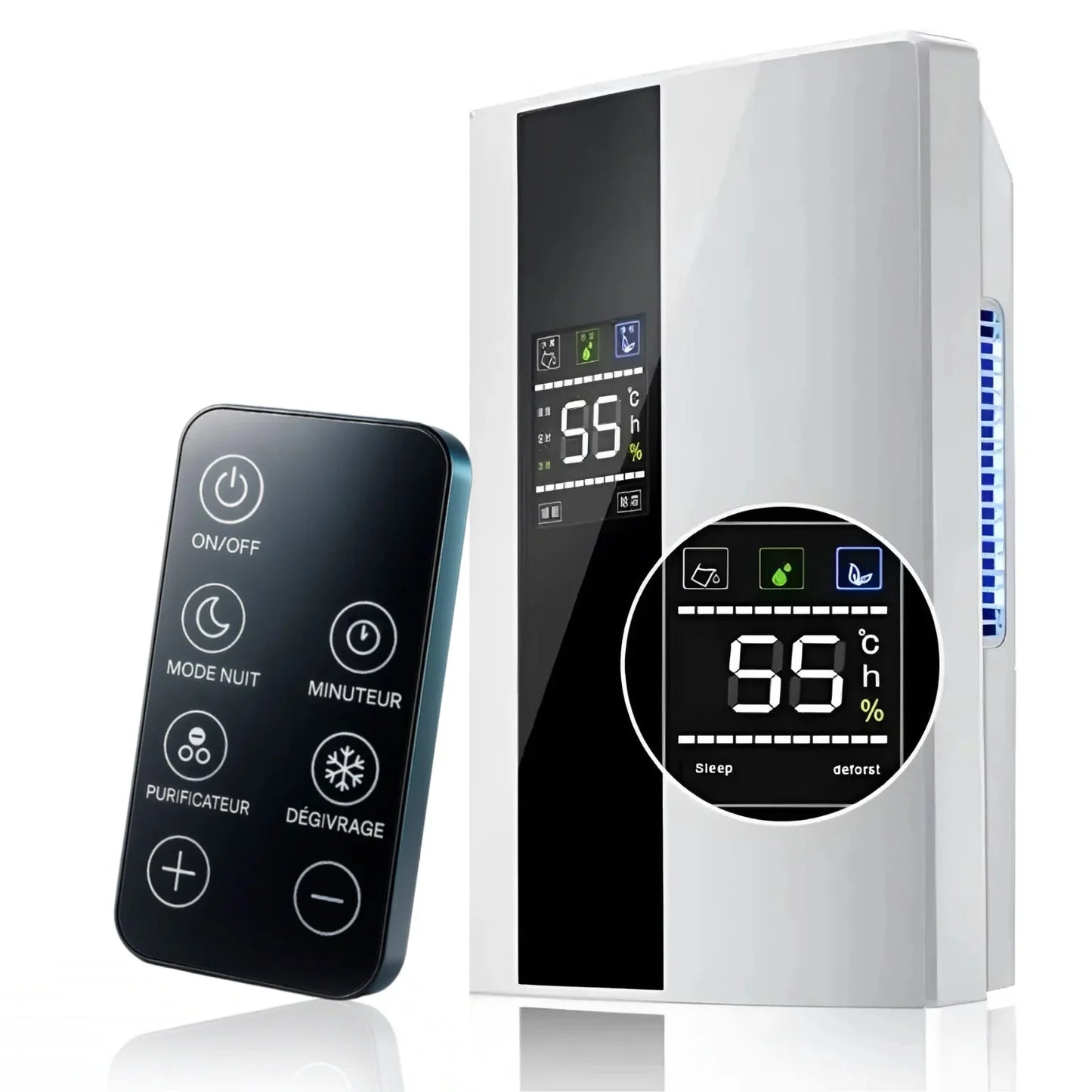 Déshumidificateur d’air 90W 2,2L/24h avec télécommande et vidange continue – 30 m²– Kalyma CJ-2020-3